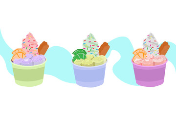Popsicle blowing in a cup with pieces of fruit and biscuits in the sky behind a greasy blue graphic cut across the back.