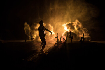 Obraz premium Creative artwork decoration war on Ukraine. Crowd looking on giant explosion and attacking soldiers.