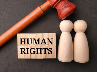 Gavel and wooden figures with word HUMAN RIGHTS on black background.