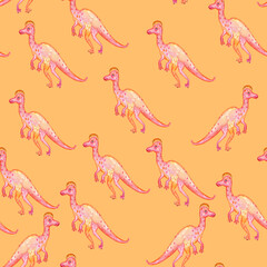 Fototapeta premium Cute Watercolor Funny Pink Dinosaur On Peach Background Seamless Fabric Pattern