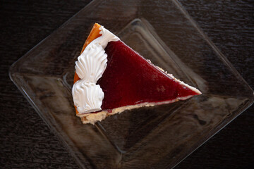 A slice of cheesecake in a glass plate