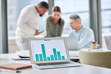 Enhanced forecasting ability achieved through data analysis. Shot of a laptop with graphs on display in an office with businesspeople working in the background.