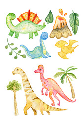 Cute watercolor dinosaurs isolated on a white background by hand watercolor trees and palm trees