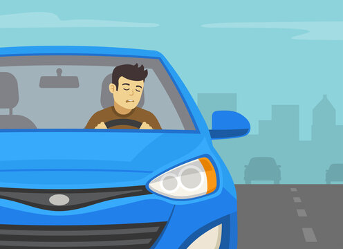 Safe driving rules and tips. Close-up front view of a drowsy driver on city road. Young male character driving a blue sedan car. Flat vector illustration template.