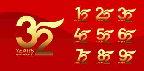 Set of Anniversary logotype golden color with red background for celebration