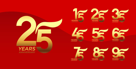 Set of Anniversary logotype golden color with red background for celebration