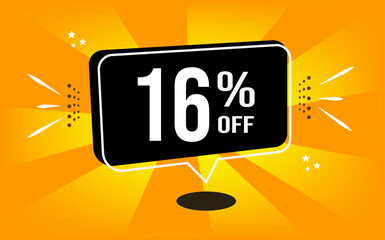 16% off. Orange banner with black balloon and special buy and sell offer - obrazy, fototapety, plakaty