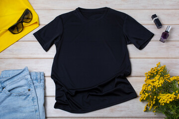 Womens black T-shirt mockup with yellow flowers
