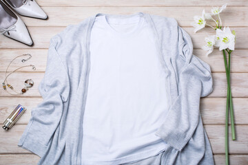 Womens white T-shirt mockup with gray cardigan and lily