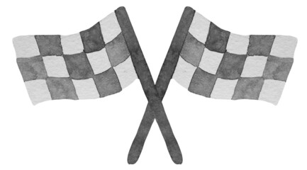 Two watercolor racing checkered flags with crossed sticks. Symbol of competition, riding, finish line.
