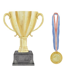 Watercolor hand drawn golden yellow sport prize cup and medal for winner, first place, victory isolated on white.