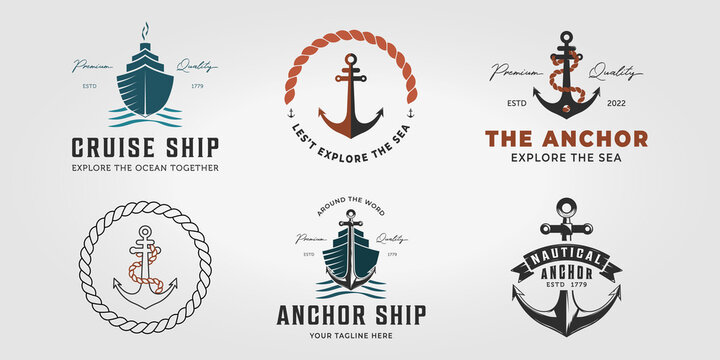 Set Bundle Anchor Ship Logo Icon Vintage Design Vector Illustration, Nautical Sail Graphic Ocean