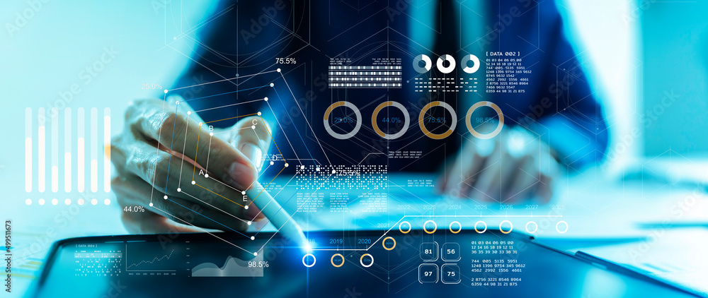 Poster finance business investment businessman signing on computer tablet. business data transformation ai 