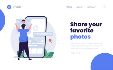 Flat design of a man posting a photo on social media