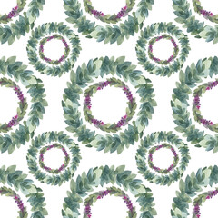 Seamless pattern watercolor circle frame border template for design. Abstract branch with flower lavender or lilac and leaves on white background. Hand-drawn summer plant. Art for wedding invitation