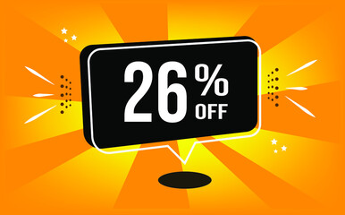 26% off. Orange banner with black balloon and special buy and sell offer