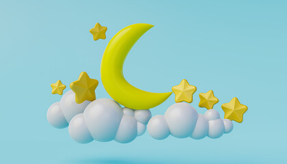 3d rendering Of crescent moon, white clouds and golden stars on a blue background. Cover of lullaby songs, dream background designs for banners, posters and greeting cards.