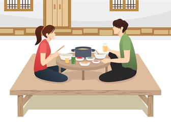 Vector illustration of Korean couple having lunch in the yard