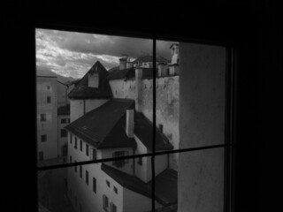 black and white castle in the window