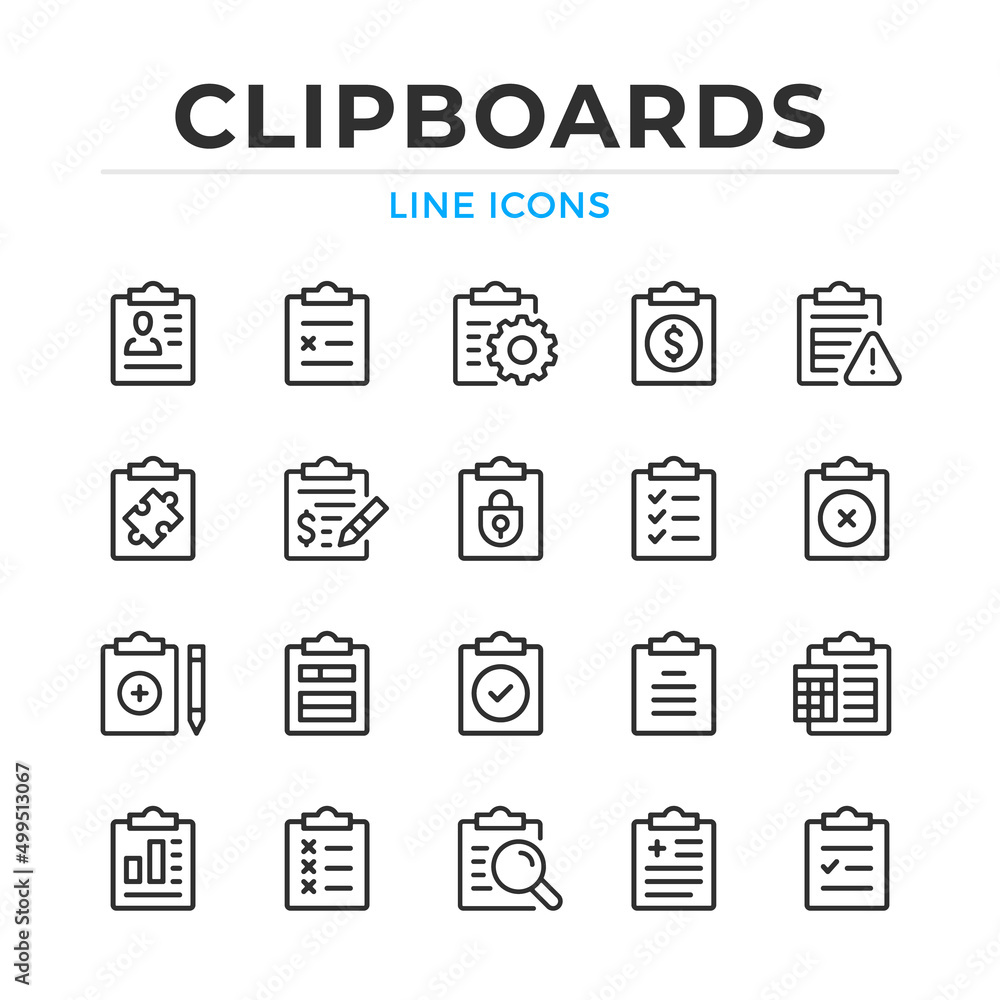 Poster clipboard line icons set. modern outline elements, graphic design concepts, simple symbols collectio