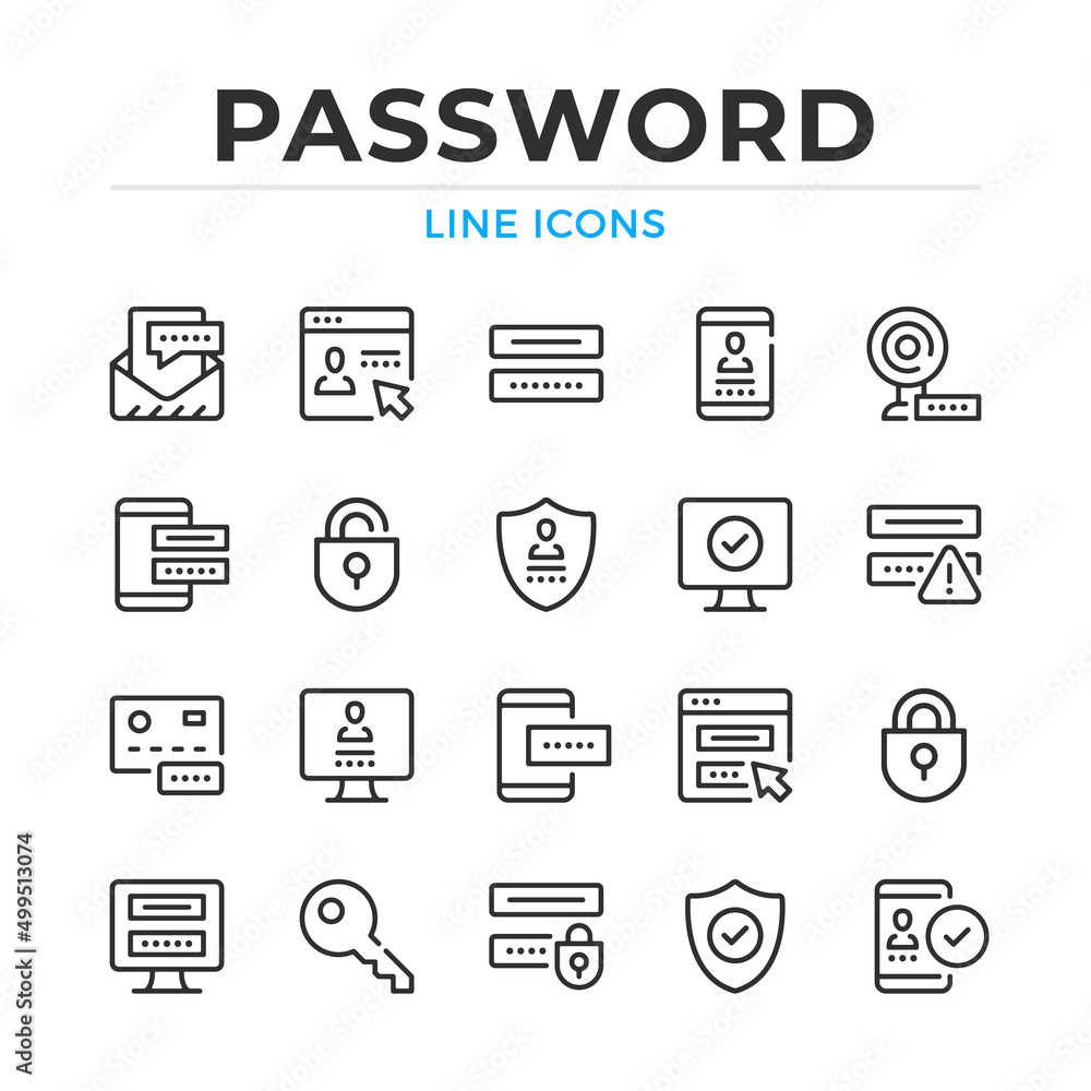 Poster password line icons set. modern outline elements, graphic design concepts, simple symbols collection