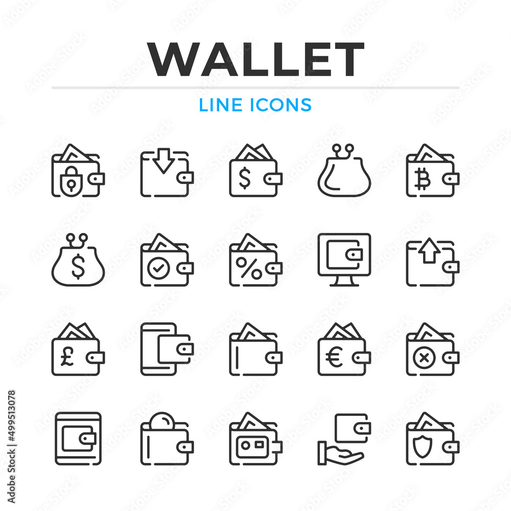 Poster wallet line icons set. modern outline elements, graphic design concepts, simple symbols collection. 