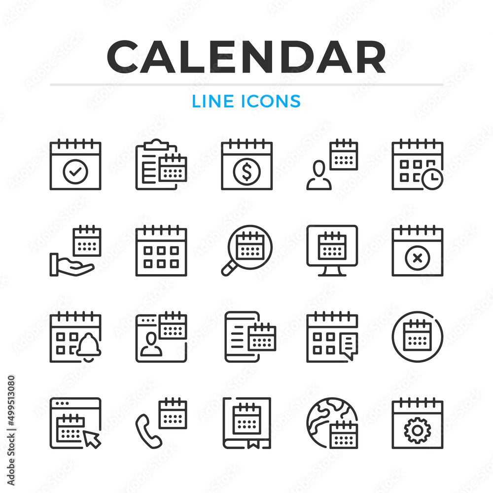 Poster calendar line icons set. modern outline elements, graphic design concepts, simple symbols collection