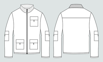 Long sleeve jacket with pocket and zipper technical fashion flat sketch vector illustration template front and back views. Fleece jersey sweatshirt jacket for men's and boys. © ClothingArtStudio 