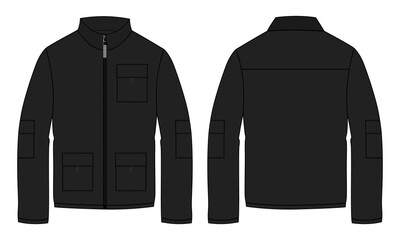 Long sleeve jacket with pocket and zipper technical fashion flat sketch vector illustration Black Color  template front and back views. Fleece jersey sweatshirt jacket for men's and boys. © ClothingArtStudio 