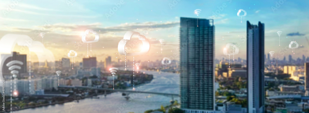 Poster Cloud computing and social network, cloud computing icon and wireless connect to cloud data technology global network on smart city background.