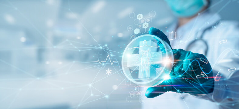Medicine doctor hold icon health and electronic medical record on interface. Digital healthcare and network connection on hologram virtual screen, insurance. medical technology and network concept.