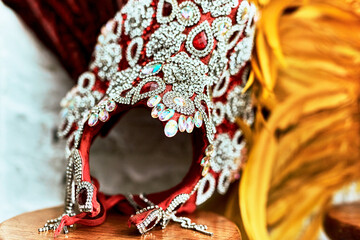 This completes the entire outfit. Closeup shot of a costumes headwear of samba dancers for carnival...