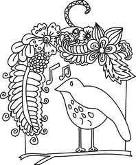 hand drawn and doodle art style bird and tropical flower