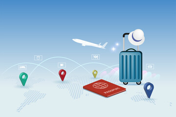 Travel abroad concept. Passport with luggage and airplane on world map and travel destination pin point. Reservation flight ticket, traveling by airplane to explore world.