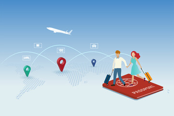 Couple man and woman with luggage travelling by airplane on passport, world map and travel destination pin point backgroun. Travel to explore world concept.