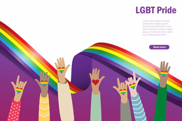 LGBT Pride month. Diversity raising hands paint LGBT rainbow heart on palm with rainbow flag background to support LGBTQ pride rights and transgender community, social diversity concept.