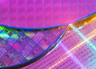 Macro of silicon wafer semiconductor with neon color, integrated circuits to manufacture CPU and GPU