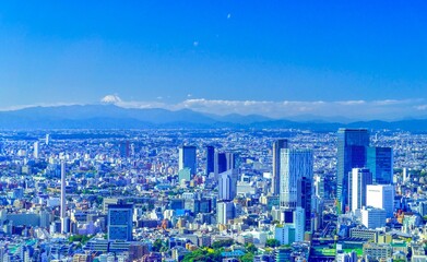 富士山と東京　渋谷駅と神奈川県相模原方面までを望む