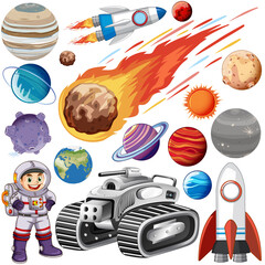 Set of space objects on white background