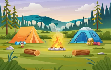 Fotobehang Nature camp landscape with tents, campfire, backpack, and lantern cartoon illustration © YG Studio