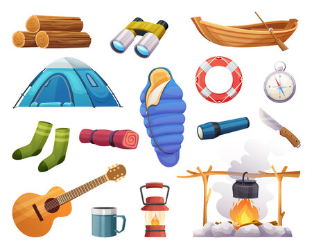 Camping and hiking equipment set illustration