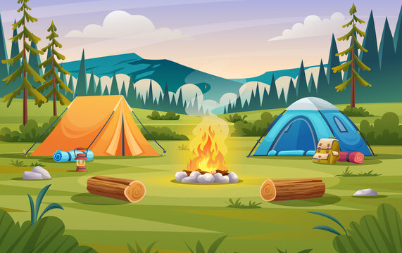 Nature camp landscape with tents, campfire, backpack, and lantern cartoon illustration
