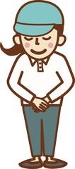 Obraz premium 手を前で組み、会釈をする作業員の女性。