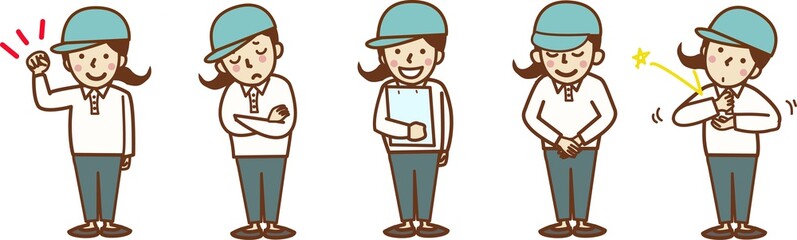 ガッツポーズをする作業員の女性。ガッツポーズ、腕組み、説明、挨拶、閃き。