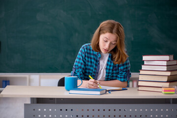 Young female student preparing for exams in the classroom