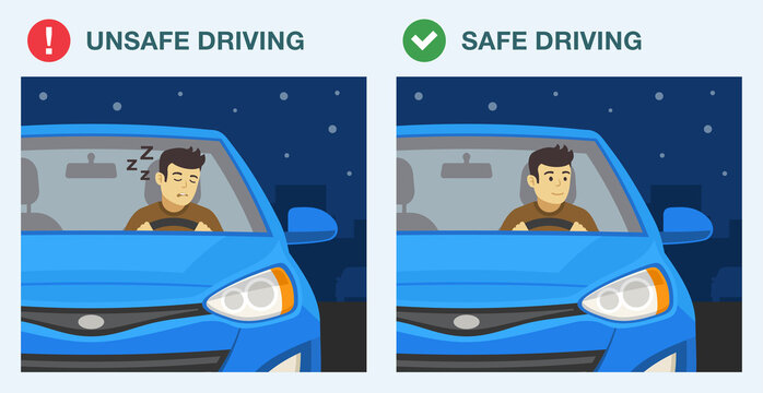 Safe and unsafe driving at night. Close-up front view of a drowsy driver on city road. Young male character driving a blue sedan car. Flat vector illustration template.