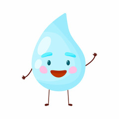 Cute drop of water with a smile white background. Kawaii