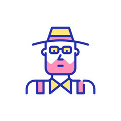 Bearded older man. Farmer in a hat and overall. Pixel perfect, editable stroke fun color icon