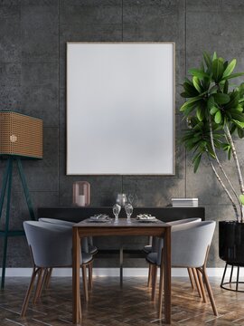mock up poster frame in modern interior wood floor concrete wall background, Scandinavian style, Loft style, 3D render, 3D illustration