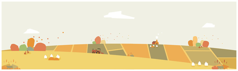 Panoramic autumn landscape vector illustration.Minimal countryside in autumn.Farmhouse and truck in crops field with falling leaves,sheep,deer and wild flower